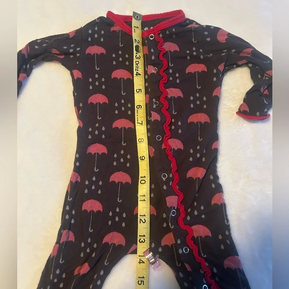 Kickee Pants pajamas - black with raindrops and red umbrellas size 3-6 months
